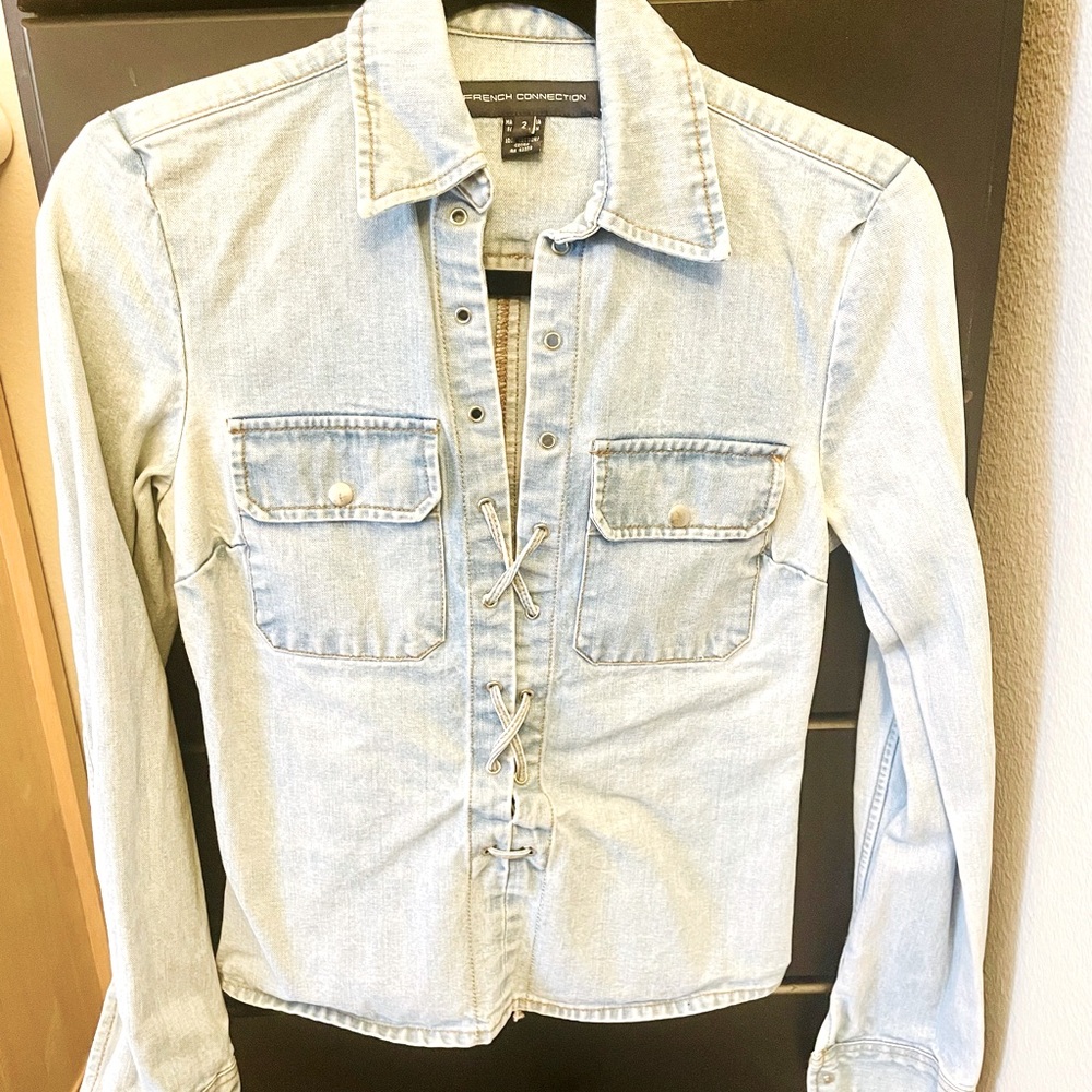 90s French Connection denim lace front top